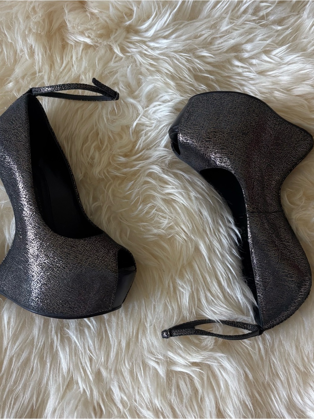Giuseppe Zanotti Metallic Charcoal Peep-Toe Wedge Heels